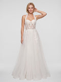 White Tulle and Lace A-Line Halter neckline Floor-Length Dress with Embroidered Bodice