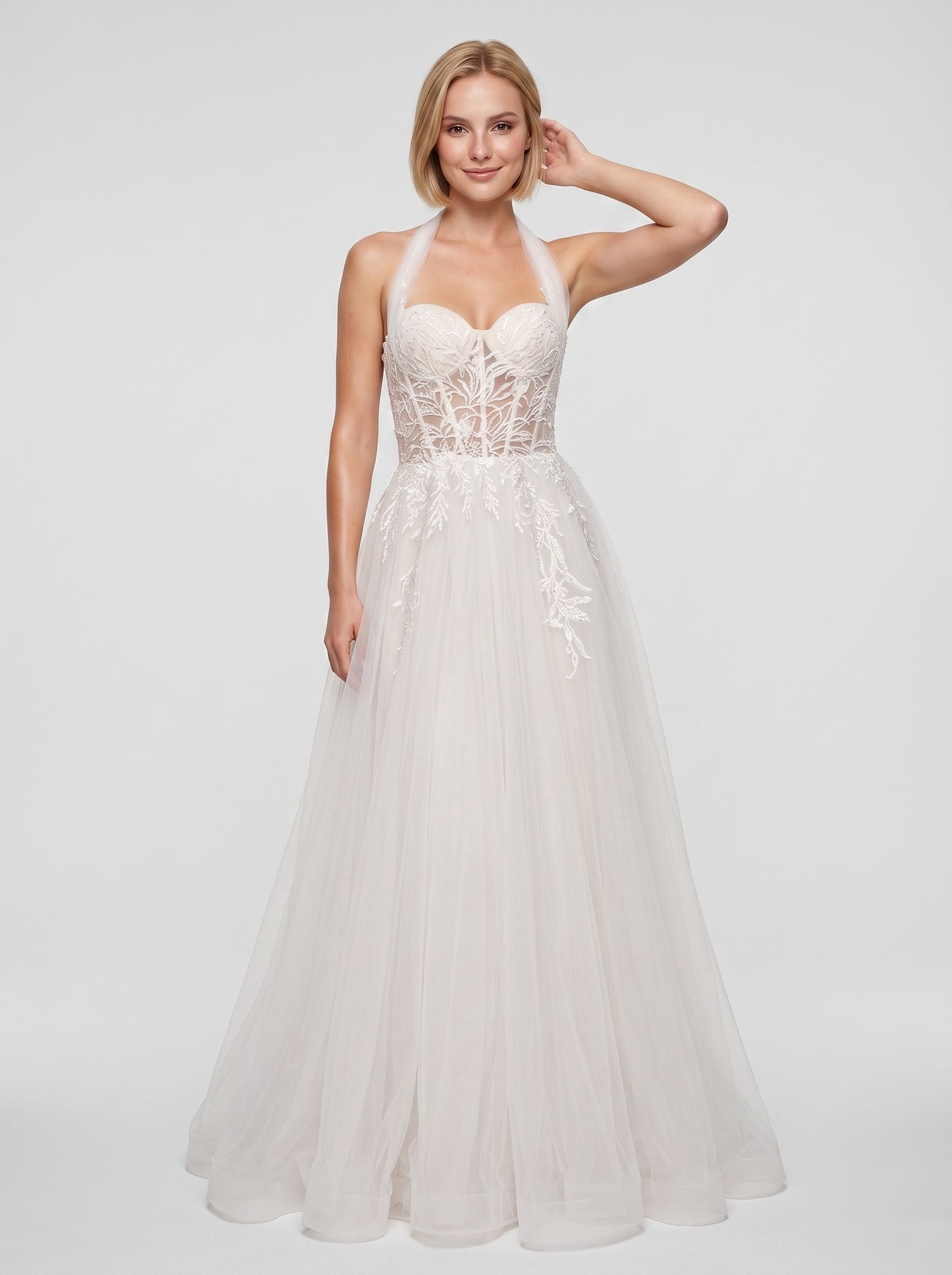 White Tulle and Lace A-Line Halter neckline Floor-Length Dress with Embroidered Bodice