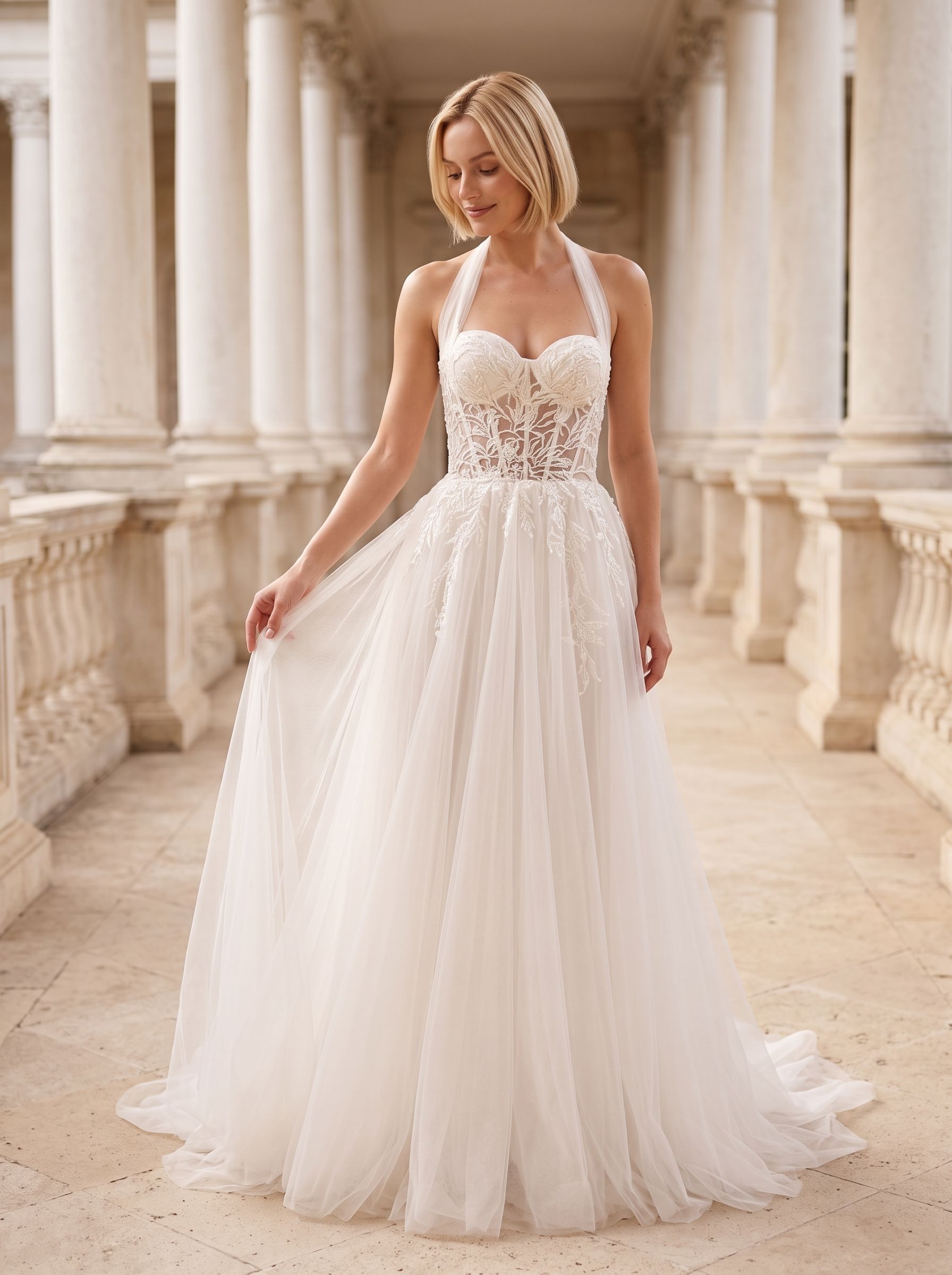 White Tulle and Lace A-Line Halter neckline Floor-Length Dress with Embroidered Bodice