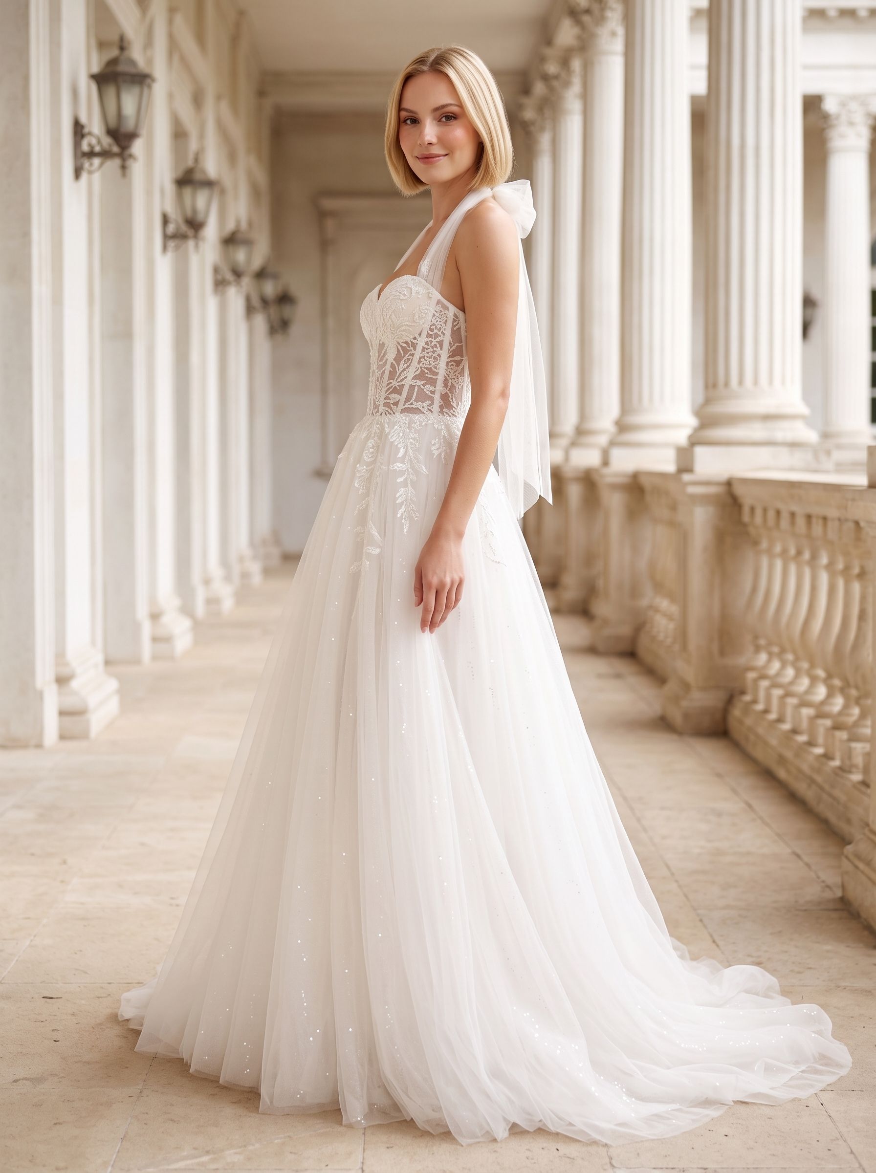White Tulle and Lace A-Line Halter neckline Floor-Length Dress with Embroidered Bodice