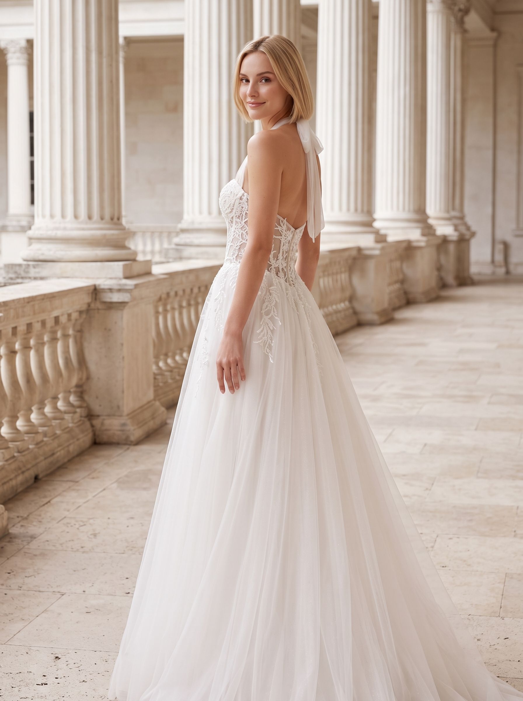 White Tulle and Lace A-Line Halter neckline Floor-Length Dress with Embroidered Bodice