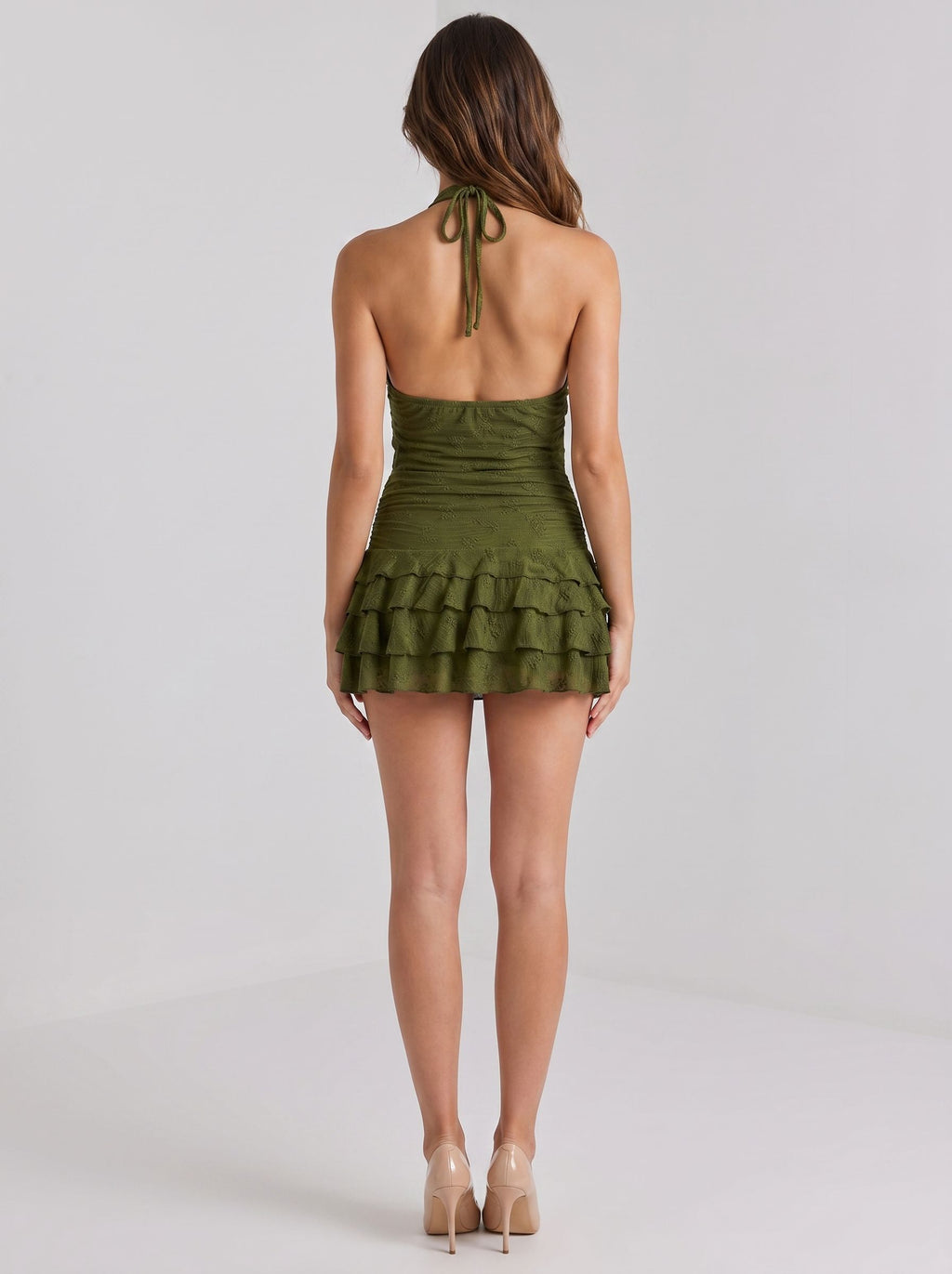 Olive Green Lace Sheath/column Halter neckline Backless Short Dress with Tiered Ruffles