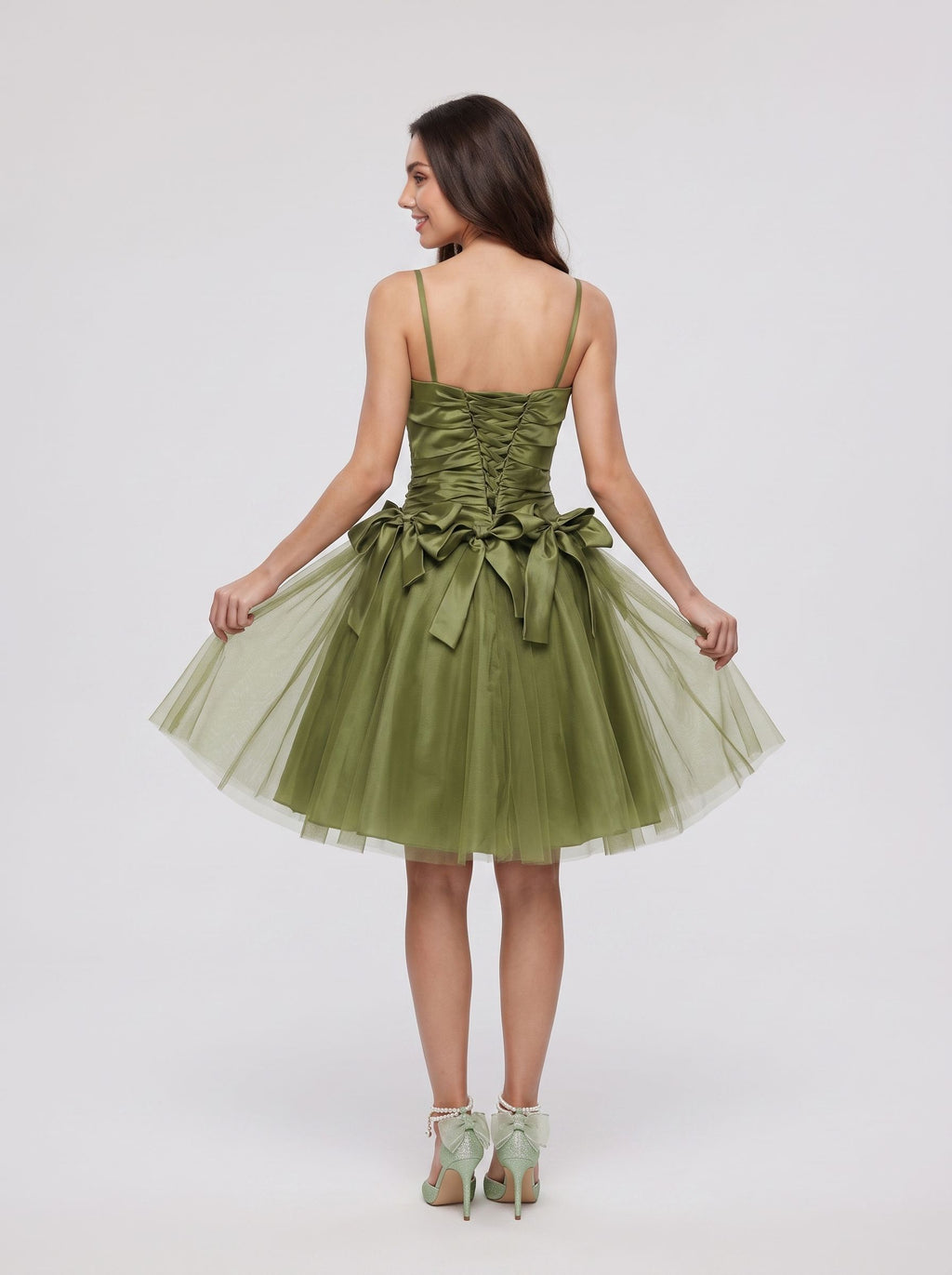 Olive Green Satin A-Line Sweetheart Lace-up Short Dress with Beading