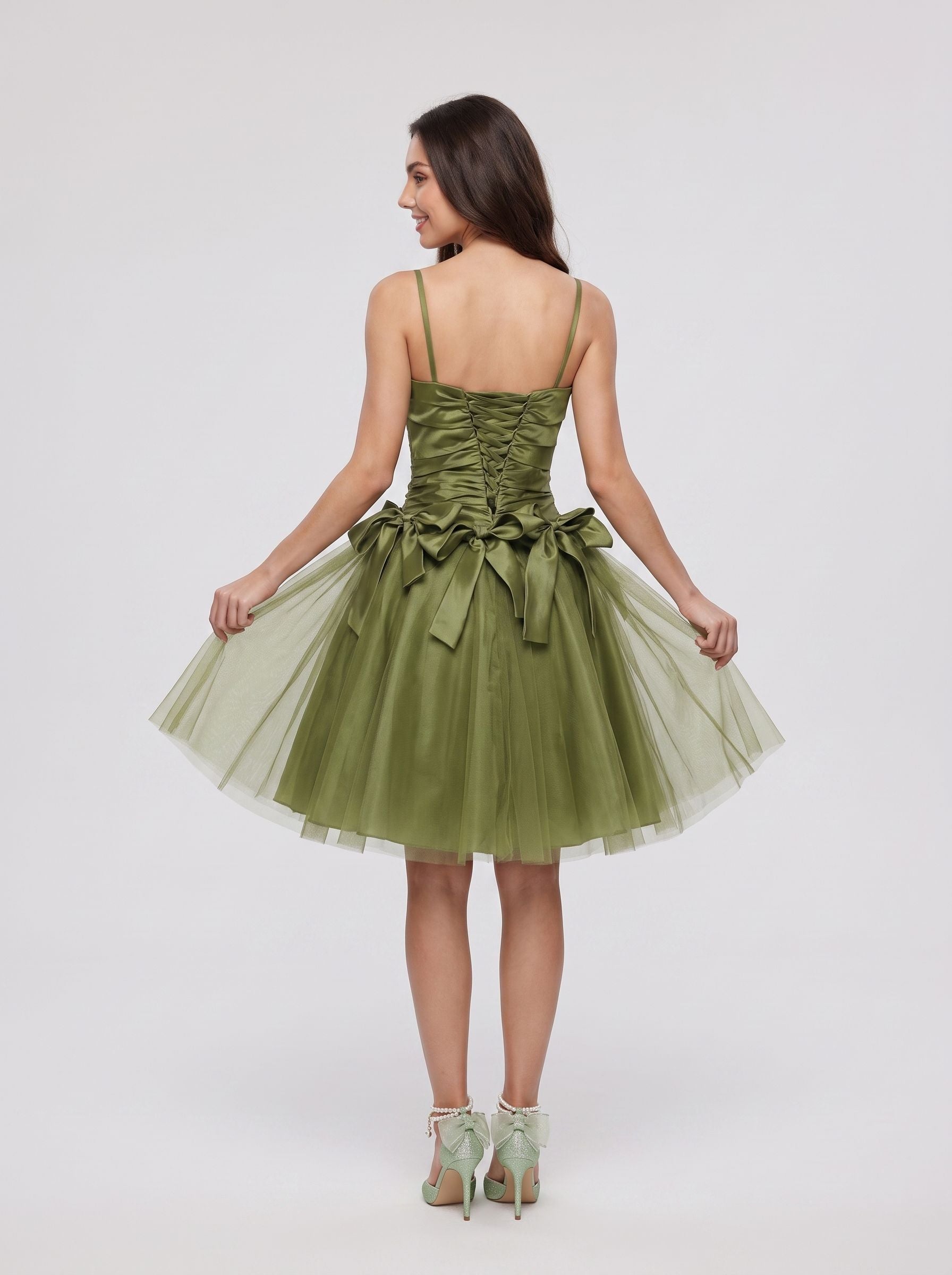Olive Green Satin A-Line Sweetheart Lace-up Short Dress with Beading