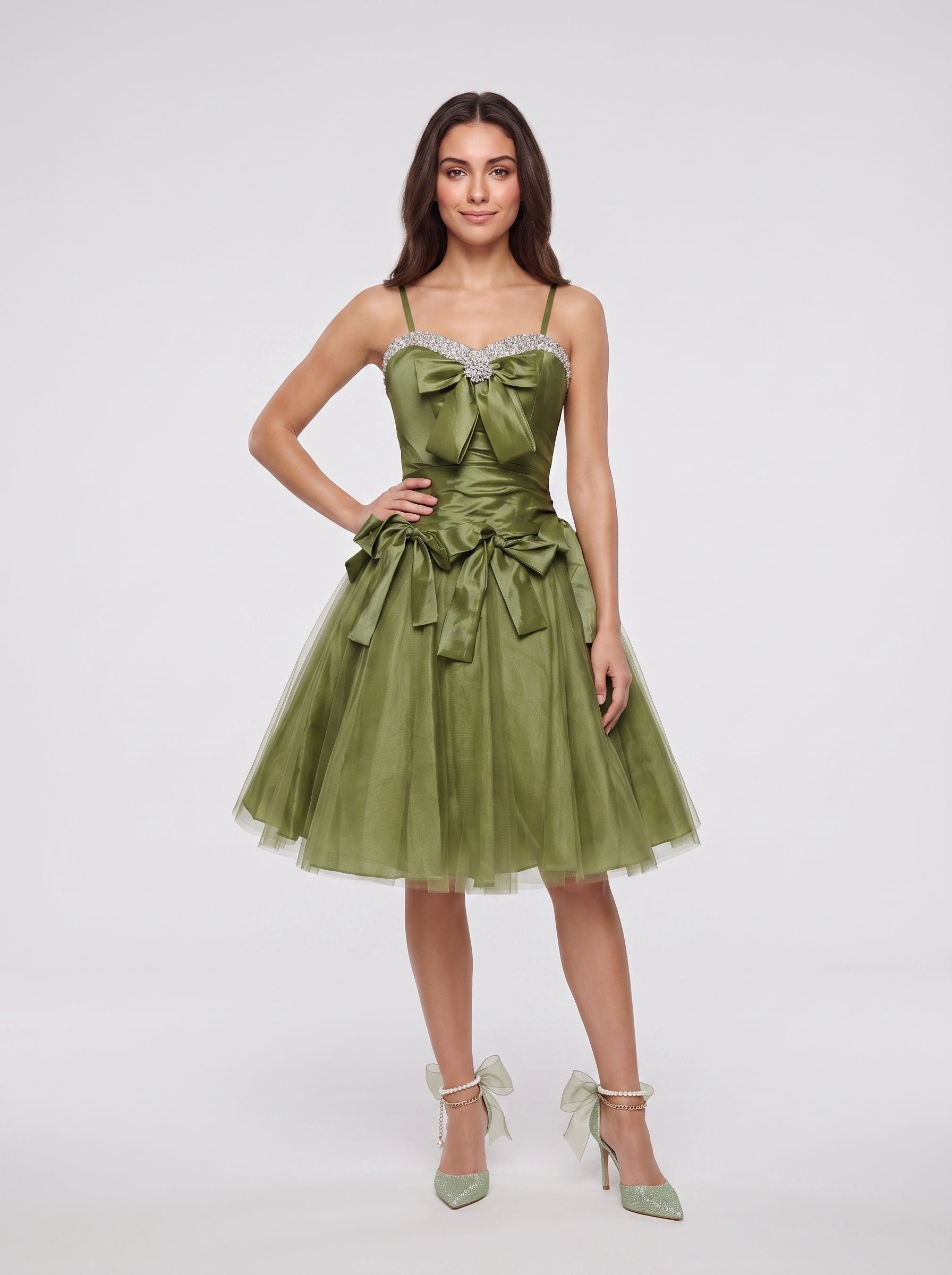 Olive Green Satin A-Line Sweetheart Lace-up Short Dress with Beading