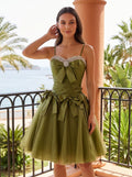 Olive Green Satin A-Line Sweetheart Lace-up Short Dress with Beading