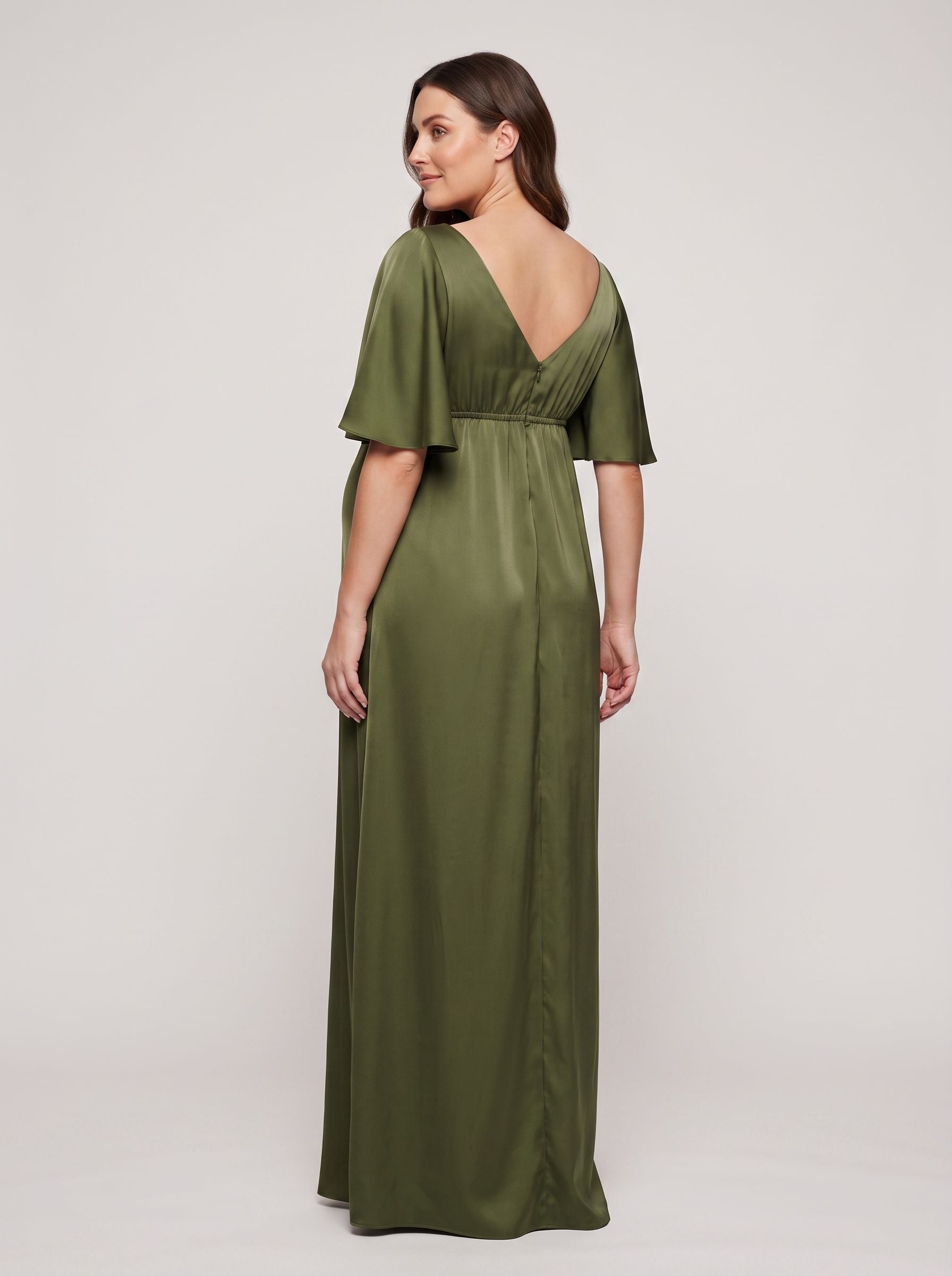 Olive Green Satin Empire V-Neck Back Zip Floor-Length Dress with Flutter Sleeves