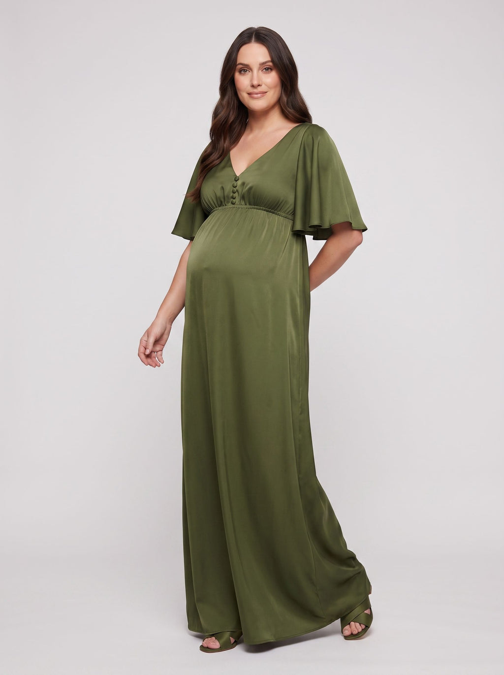 Olive Green Satin Empire V-Neck Back Zip Floor-Length Dress with Flutter Sleeves