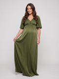 Olive Green Satin Empire V-Neck Back Zip Floor-Length Dress with Flutter Sleeves