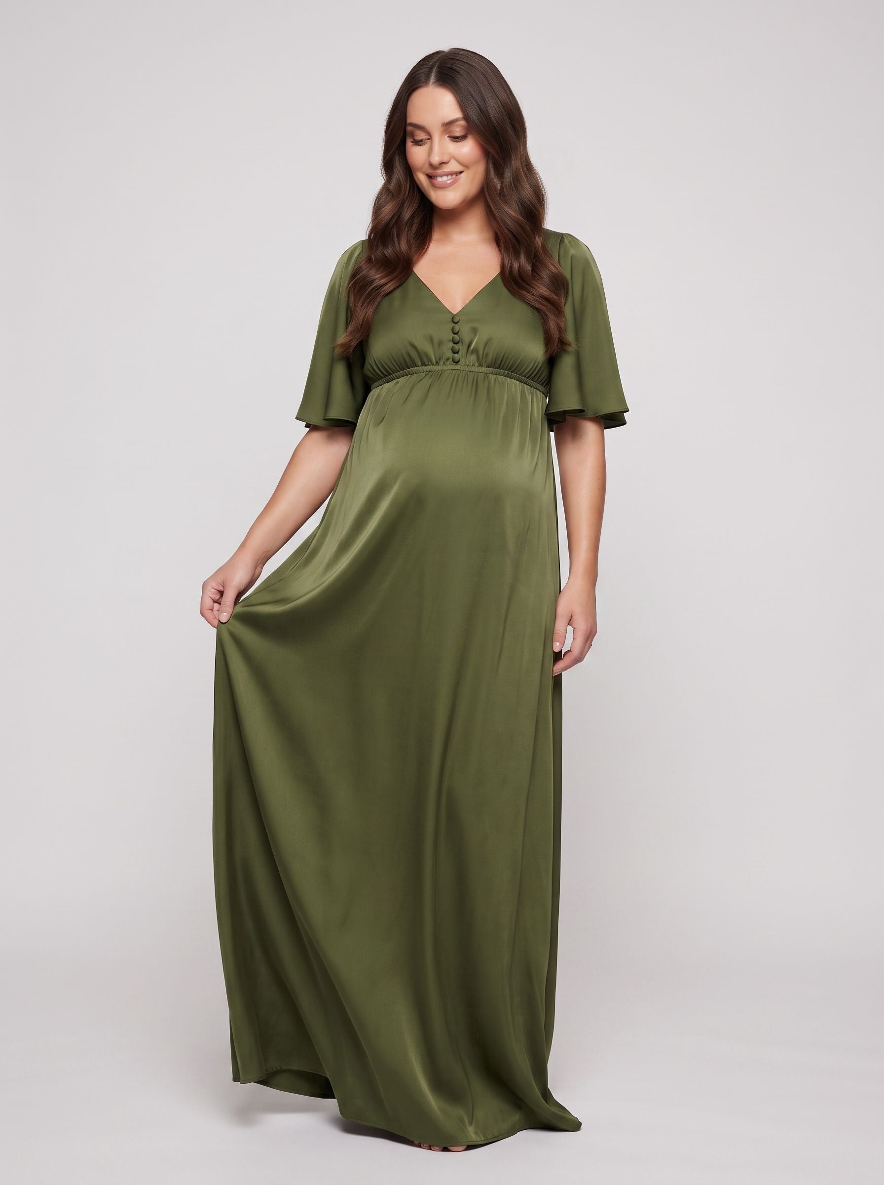 Olive Green Satin Empire V-Neck Back Zip Floor-Length Dress with Flutter Sleeves
