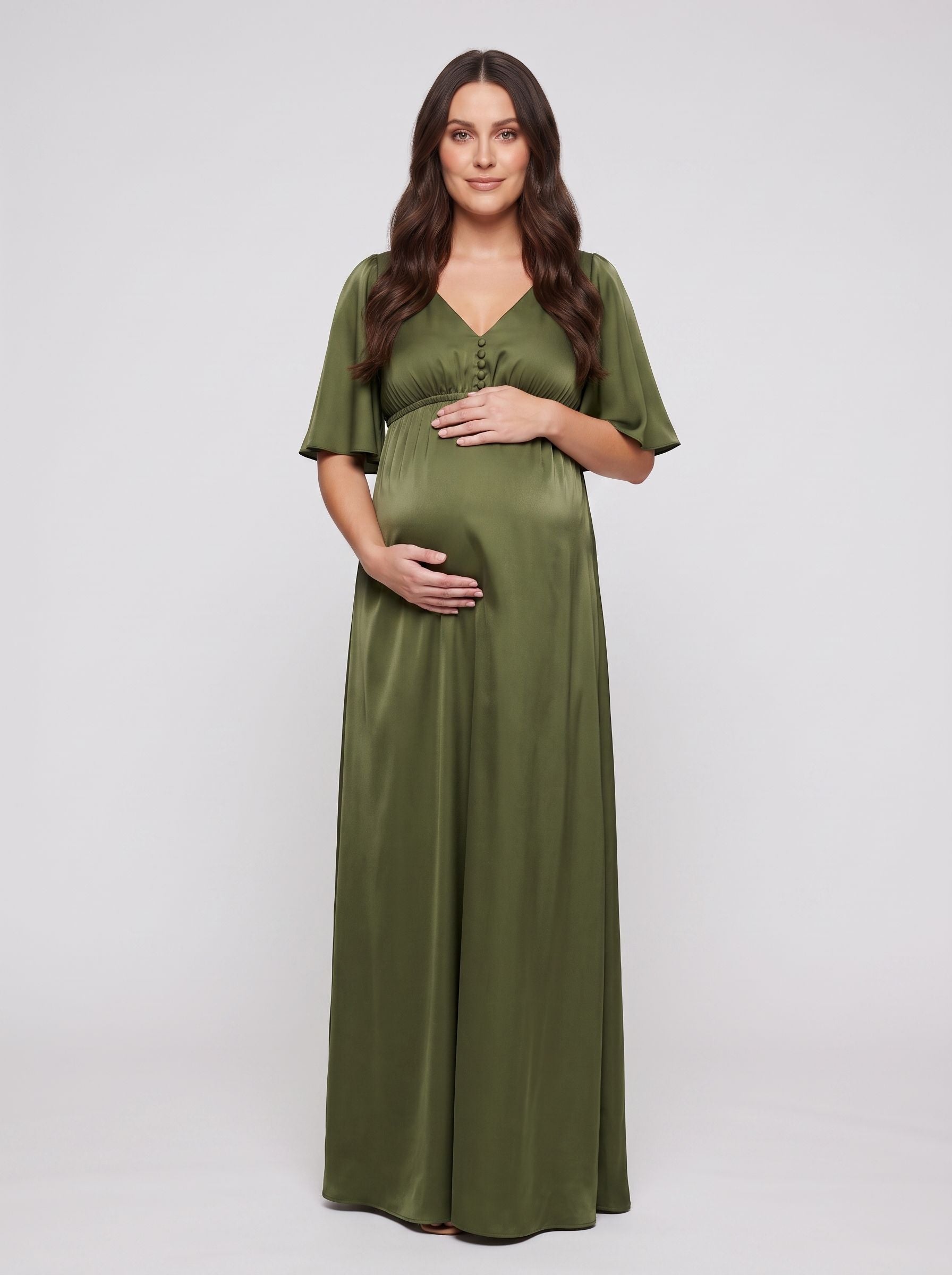 Olive Green Satin Empire V-Neck Back Zip Floor-Length Dress with Flutter Sleeves
