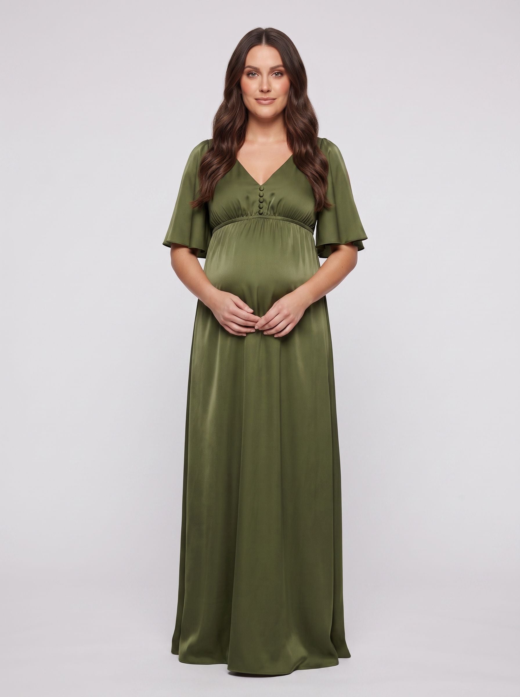 Olive Green Satin Empire V-Neck Back Zip Floor-Length Dress with Flutter Sleeves