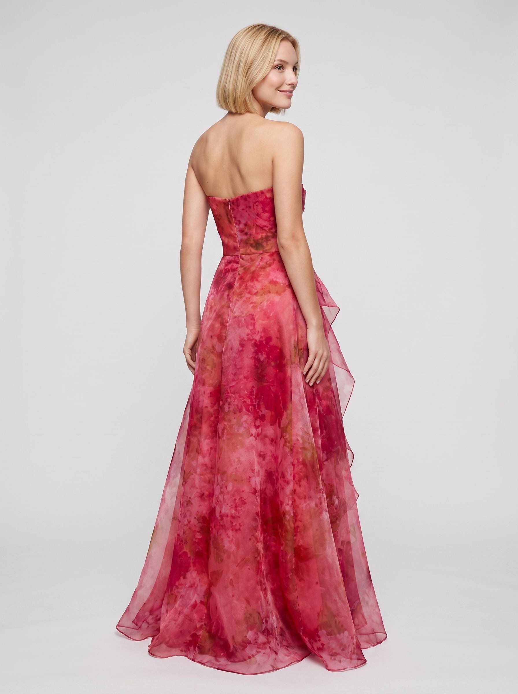 Pink Floral Tulle A-Line Straight Neck Back Zip Floor-Length Dress with Ruched Ruffles