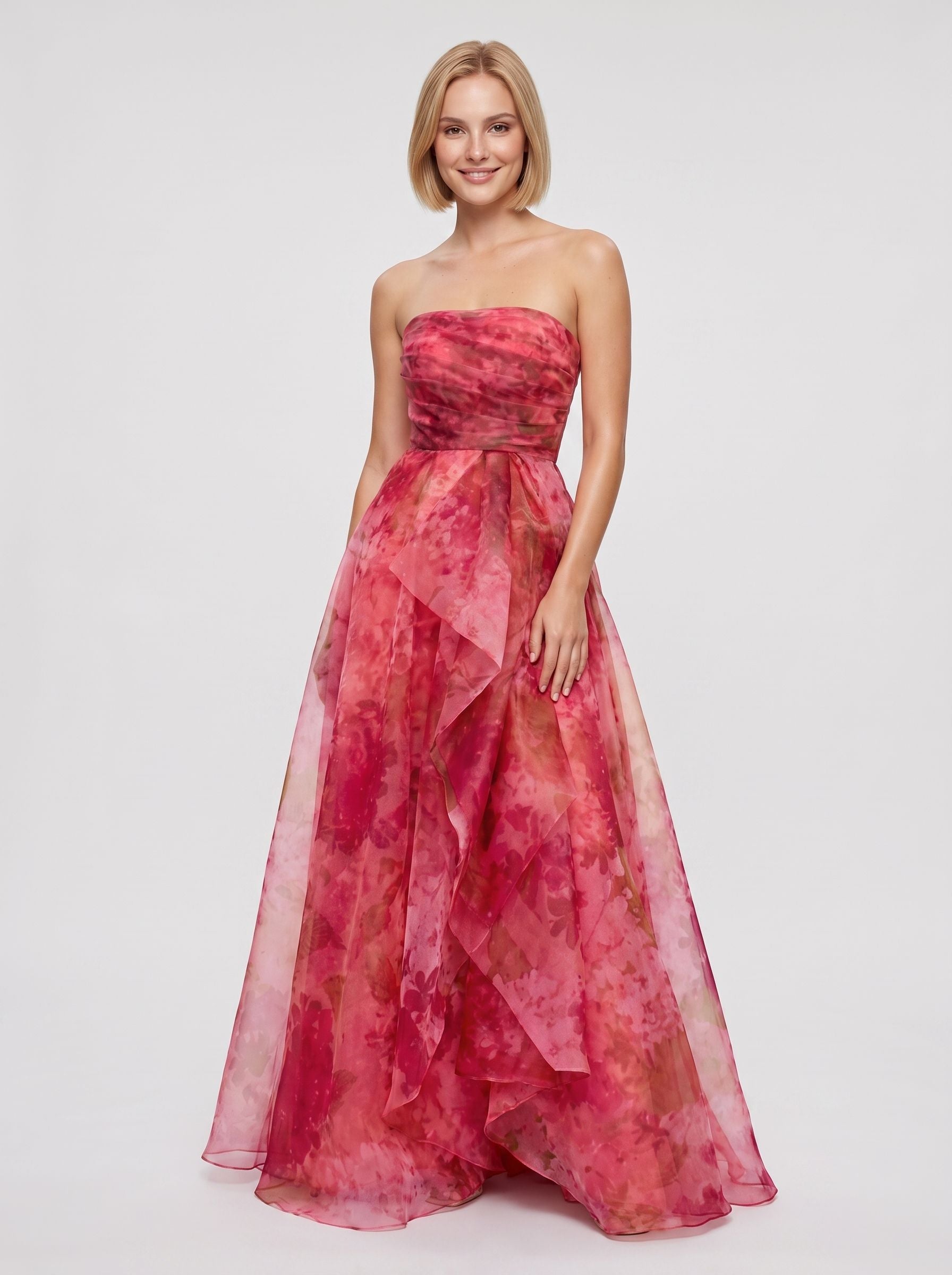 Pink Floral Tulle A-Line Straight Neck Back Zip Floor-Length Dress with Ruched Ruffles