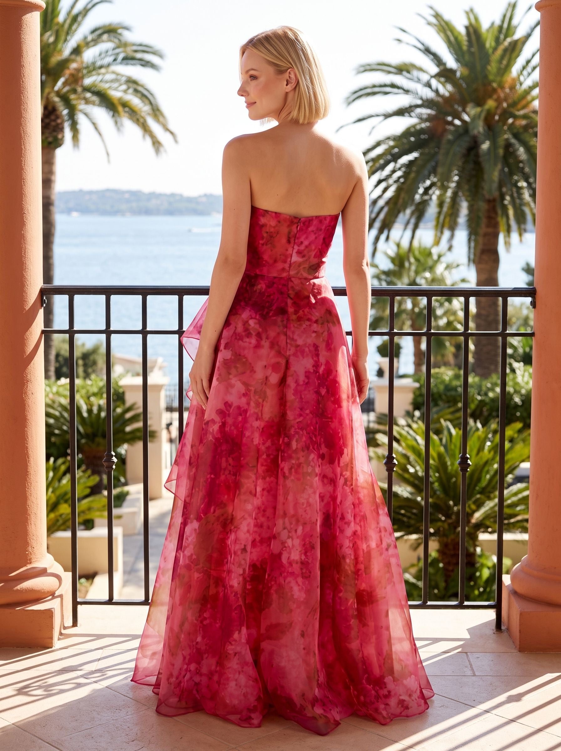 Pink Floral Tulle A-Line Straight Neck Back Zip Floor-Length Dress with Ruched Ruffles