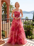 Pink Floral Tulle A-Line Straight Neck Back Zip Floor-Length Dress with Ruched Ruffles