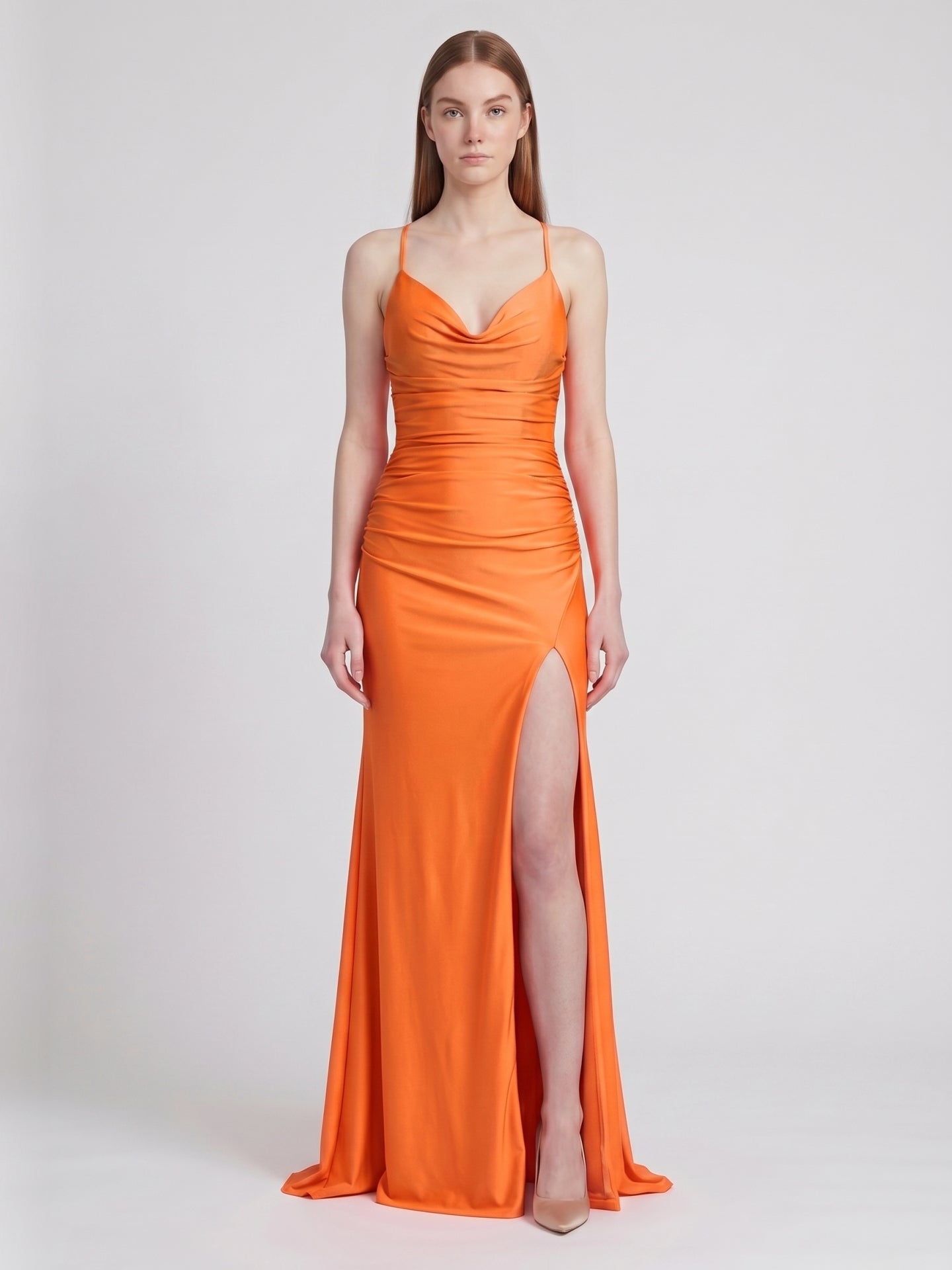 Orange Satin Column Sweetheart Criss-Cross Floor-Length Bridesmaid Dress with Pleats