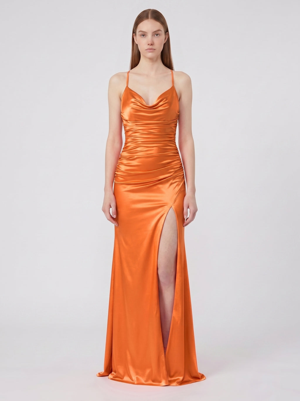 Orange Satin Column Sweetheart Criss-Cross Floor-Length Bridesmaid Dress with Pleats
