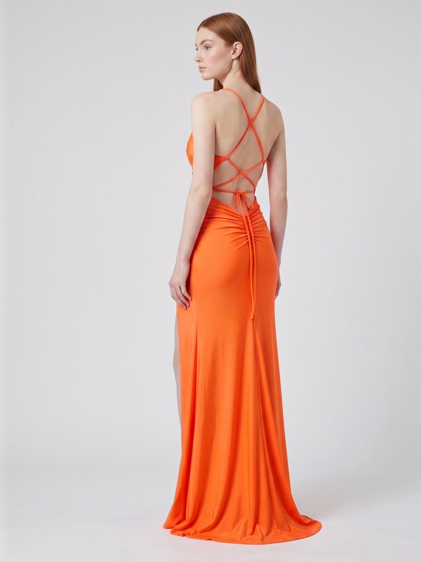 Orange Satin Column Sweetheart Criss-Cross Floor-Length Bridesmaid Dress with Pleats