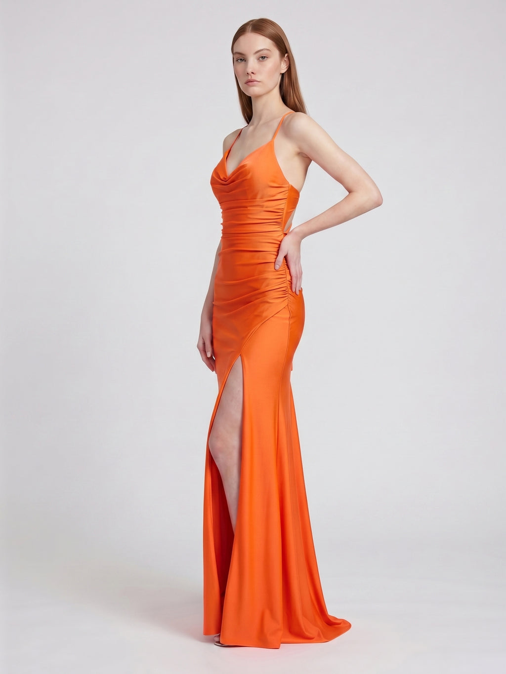 Orange Satin Column Sweetheart Criss-Cross Floor-Length Bridesmaid Dress with Pleats