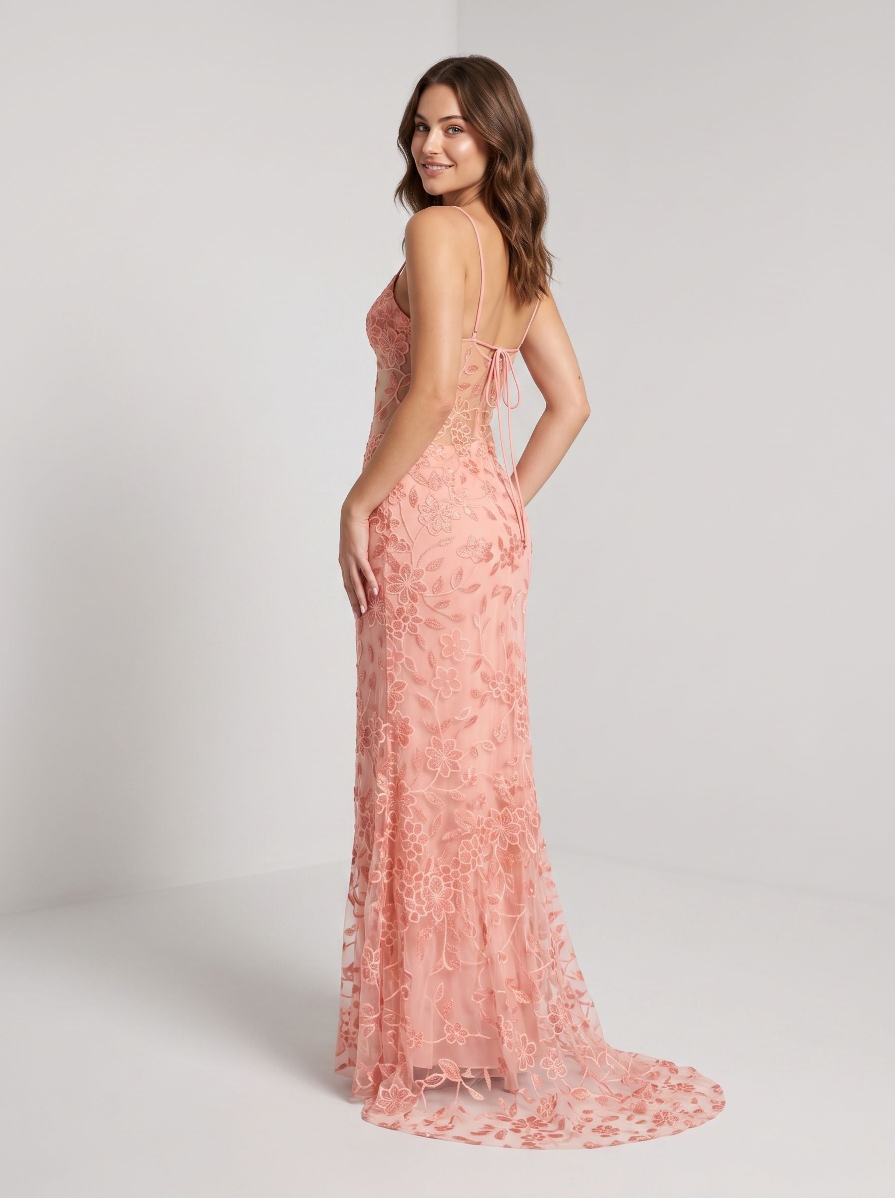 Petal Satin Mermaid V-Neck Criss-Cross Straps Floor-Length Dress with Floral Appliques