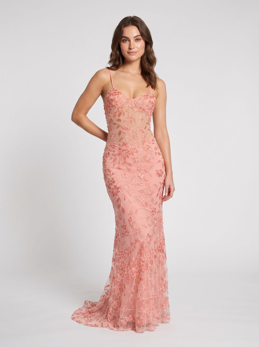 Petal Satin Mermaid V-Neck Criss-Cross Straps Floor-Length Dress with Floral Appliques