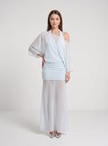 Sky Blue Chiffon Column V-Neck Side Zip Floor-Length Dress with Mid Sleeves and Pleated Bodice