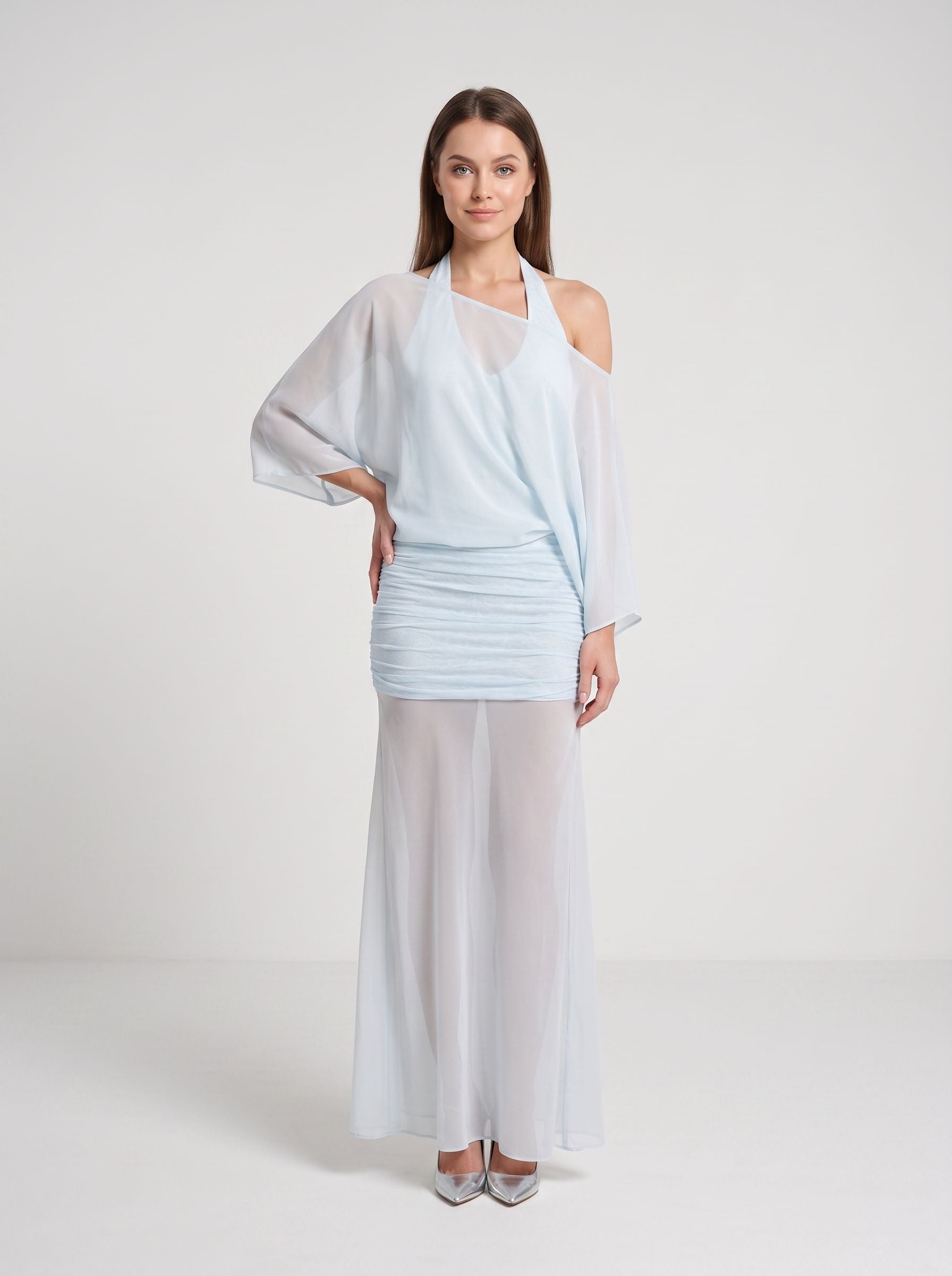 Sky Blue Chiffon Column V-Neck Side Zip Floor-Length Dress with Mid Sleeves and Pleated Bodice