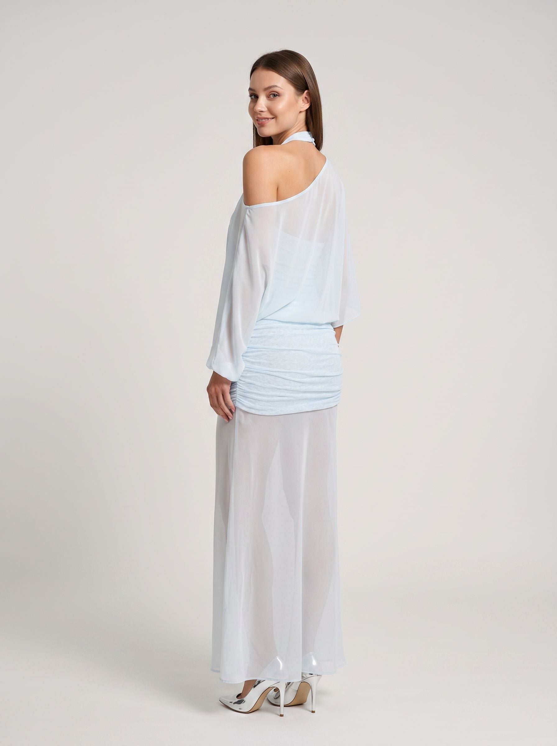 Sky Blue Chiffon Column V-Neck Side Zip Floor-Length Dress with Mid Sleeves and Pleated Bodice