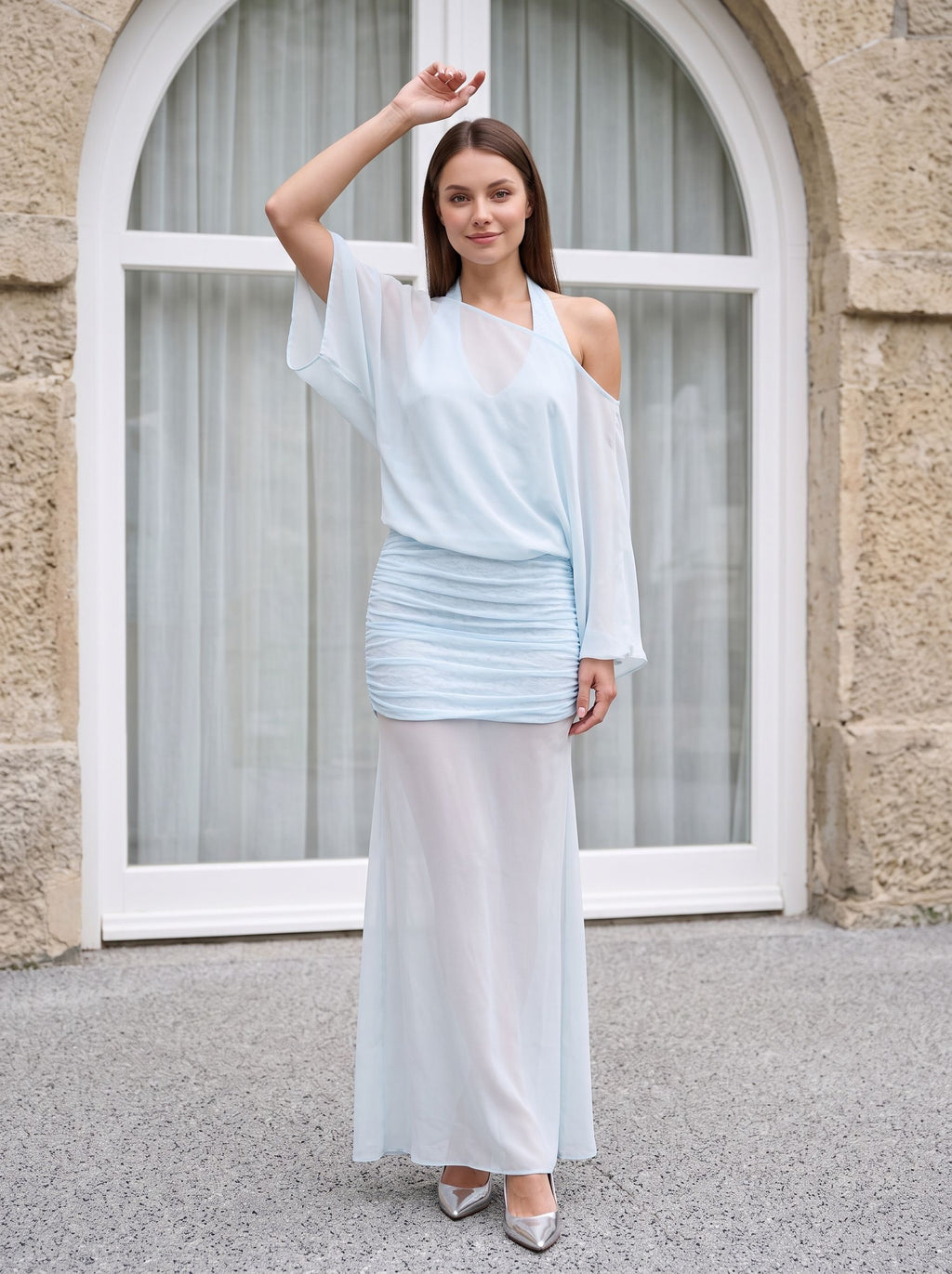Sky Blue Chiffon Column V-Neck Side Zip Floor-Length Dress with Mid Sleeves and Pleated Bodice