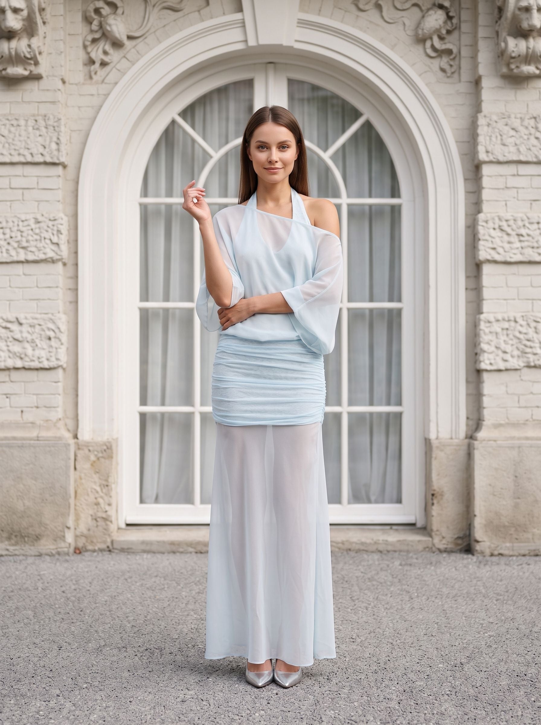 Sky Blue Chiffon Column V-Neck Side Zip Floor-Length Dress with Mid Sleeves and Pleated Bodice