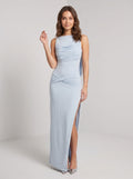 Mist Matte Satin Sheath Scoop Neck Backless Floor-Length Dress