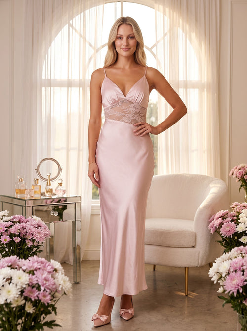 Blushing Pink Satin Sheath V-Neck Backless Floor-Length Dress with Scalloped Trim