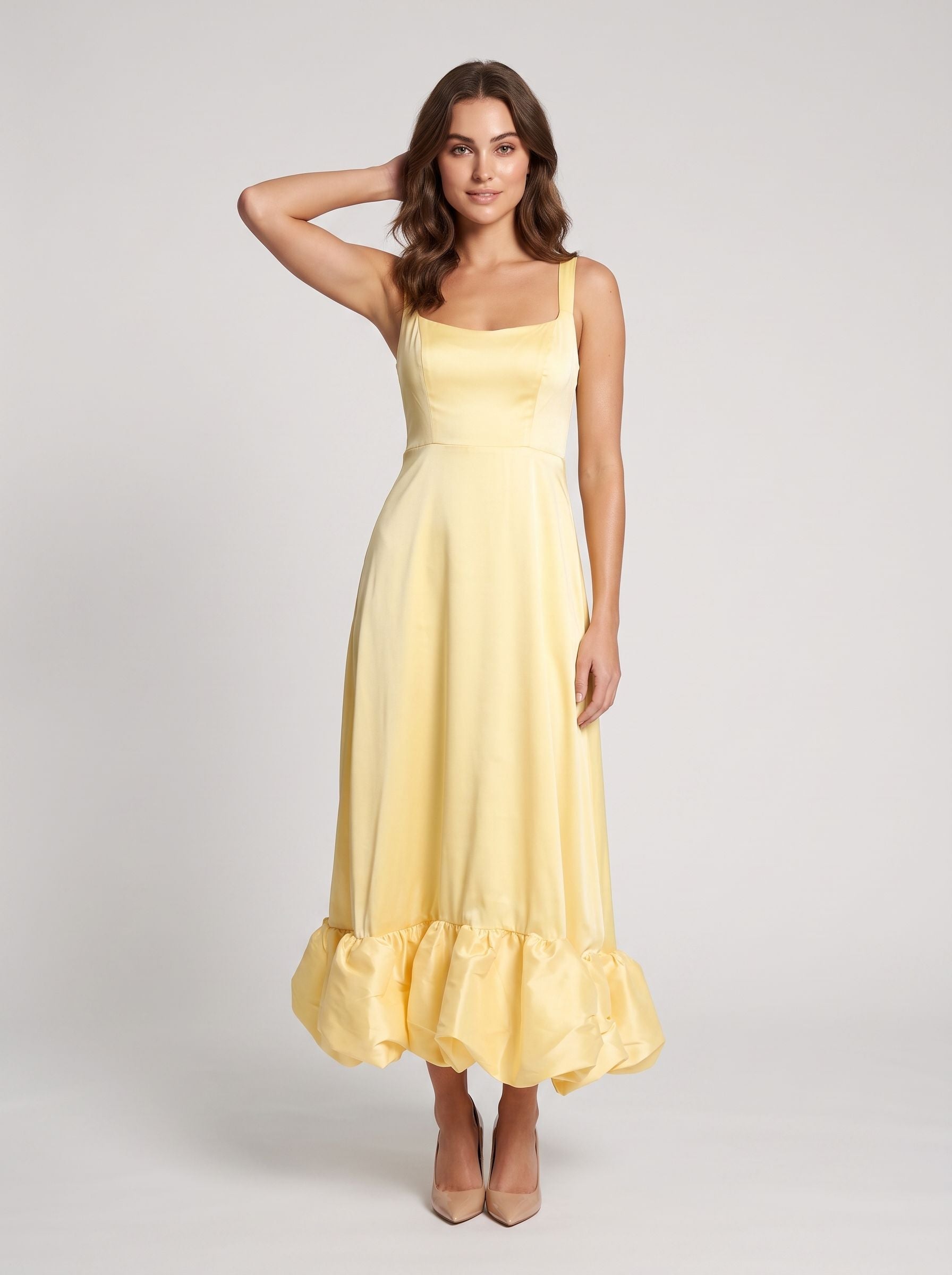 Daffodil Satin A-Line Square Neck Backless Floor-Length Dress with Ruffled Hemline