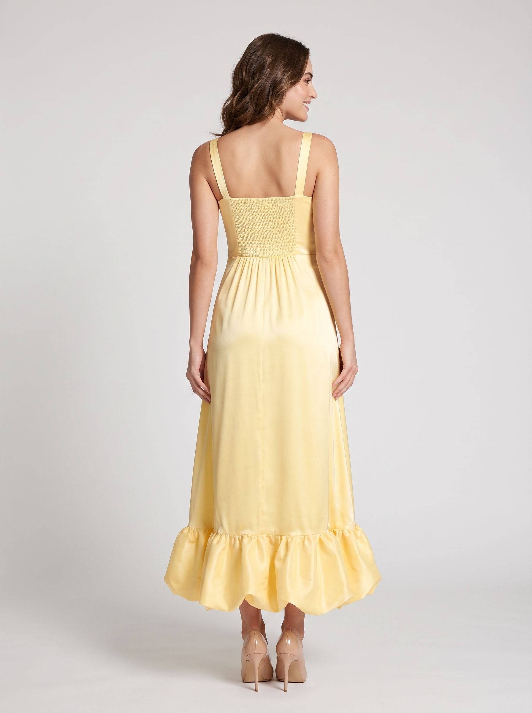 Daffodil Satin A-Line Square Neck Backless Floor-Length Dress with Ruffled Hemline