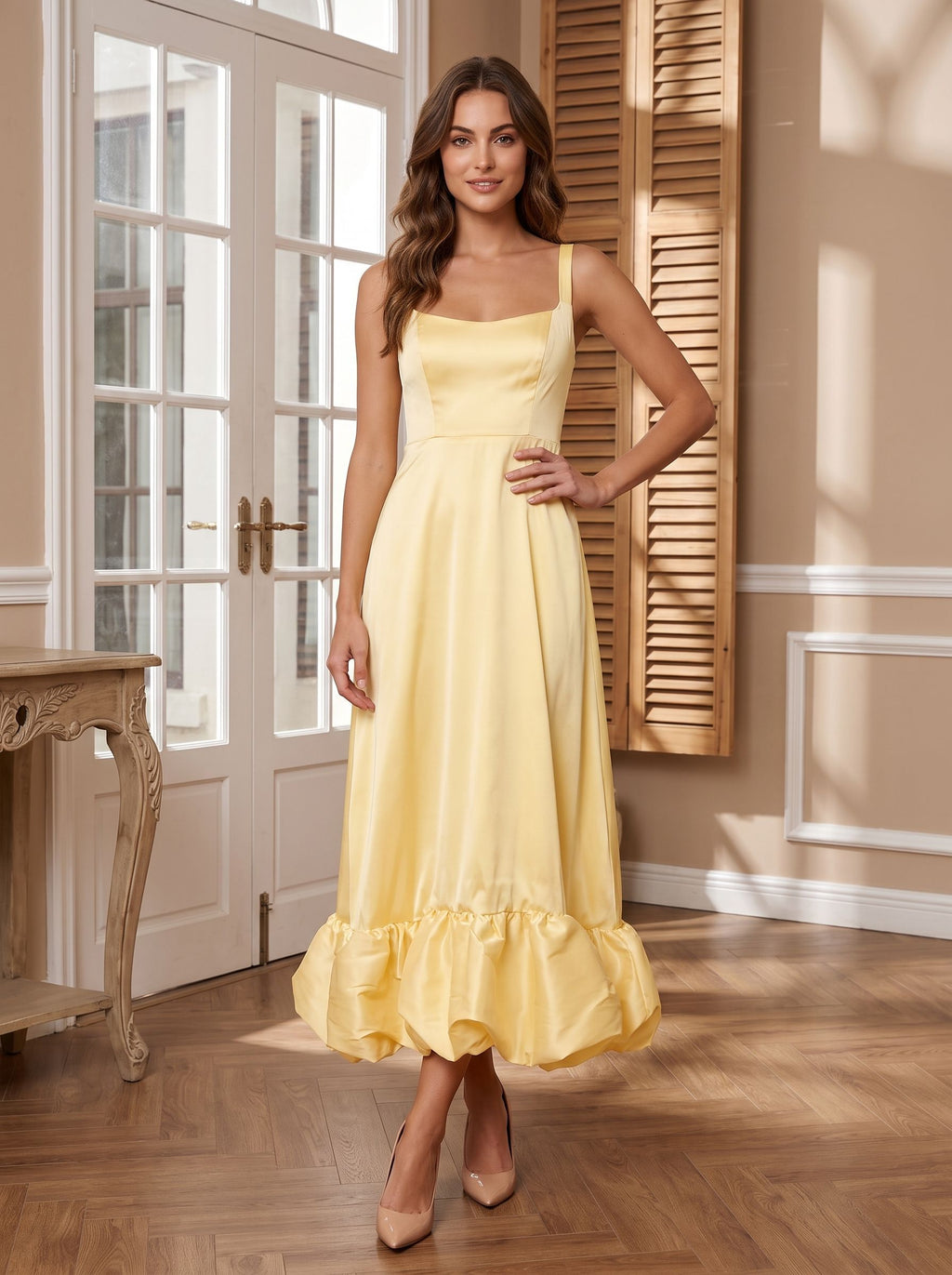 Daffodil Satin A-Line Square Neck Backless Floor-Length Dress with Ruffled Hemline