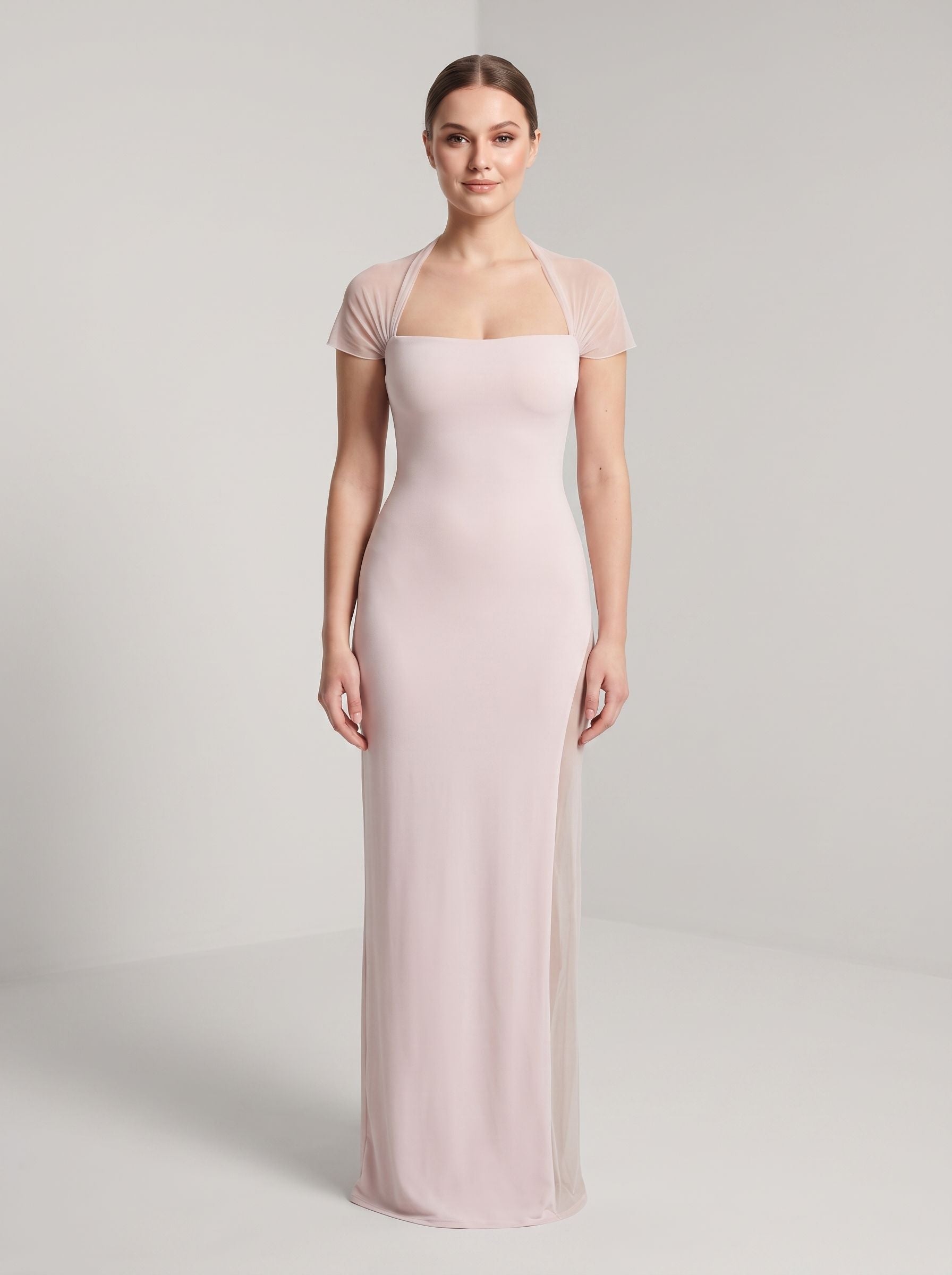Blushing Pink Stretch Knit Sheath Straight Neck Floor-Length Dress