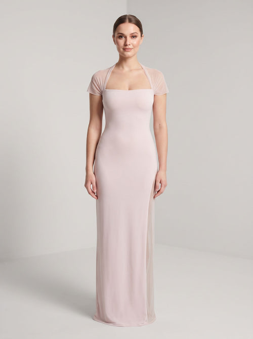 Blushing Pink Stretch Knit Sheath Straight Neck Floor-Length Dress