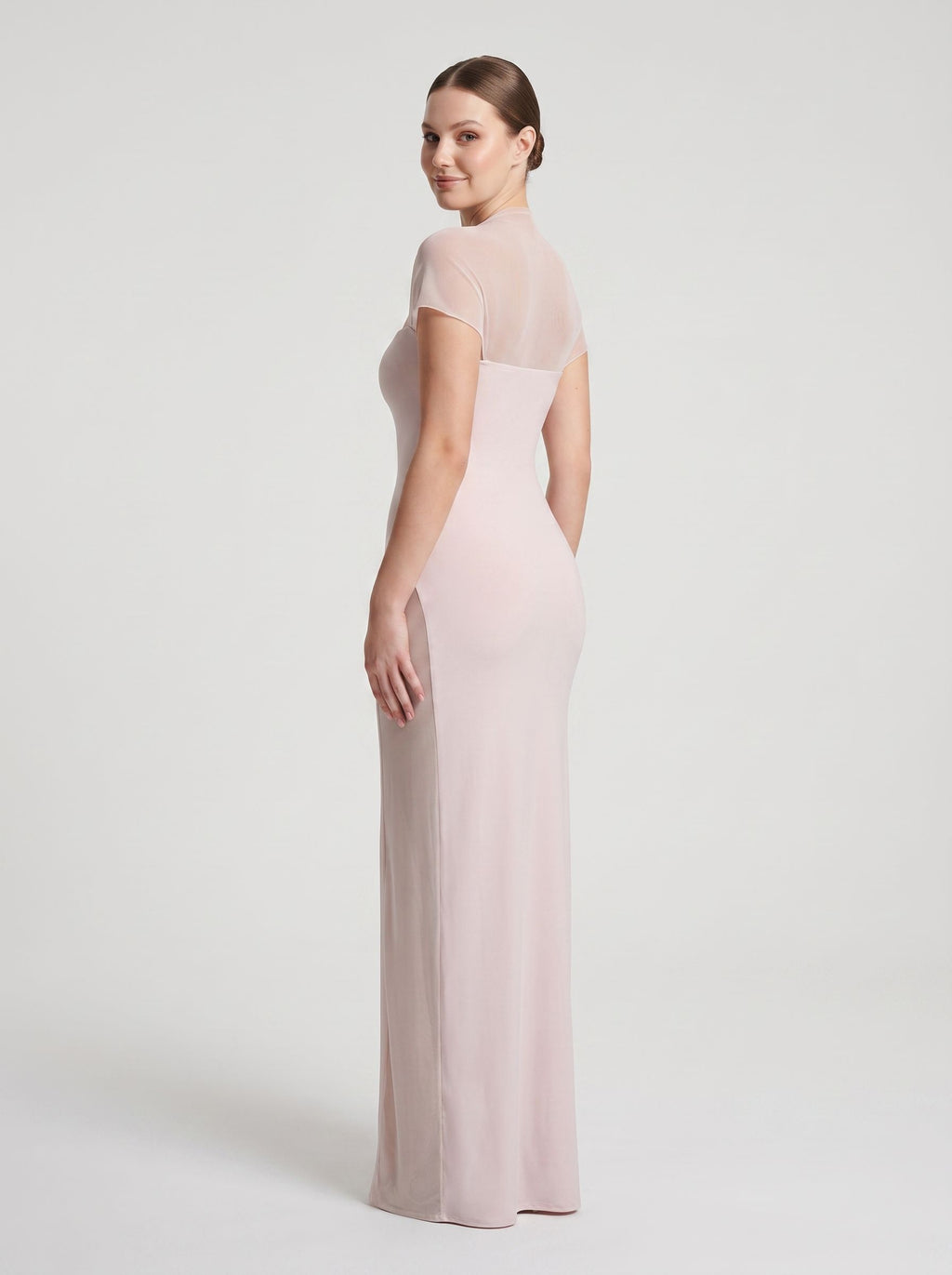Blushing Pink Stretch Knit Sheath Straight Neck Floor-Length Dress