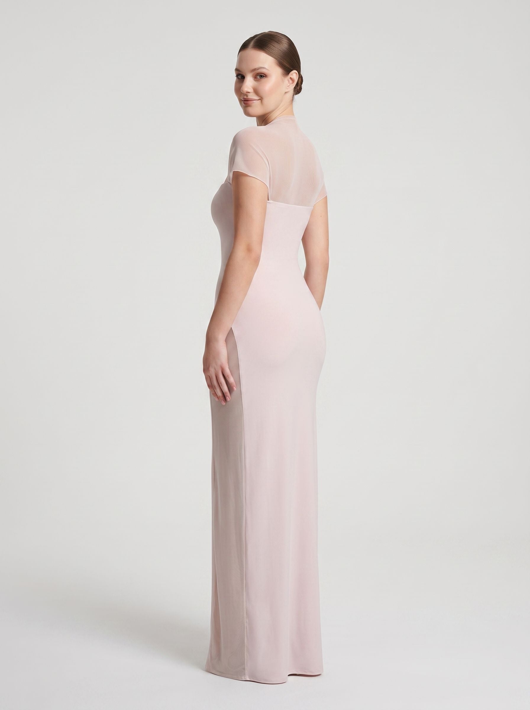 Blushing Pink Stretch Knit Sheath Straight Neck Floor-Length Dress