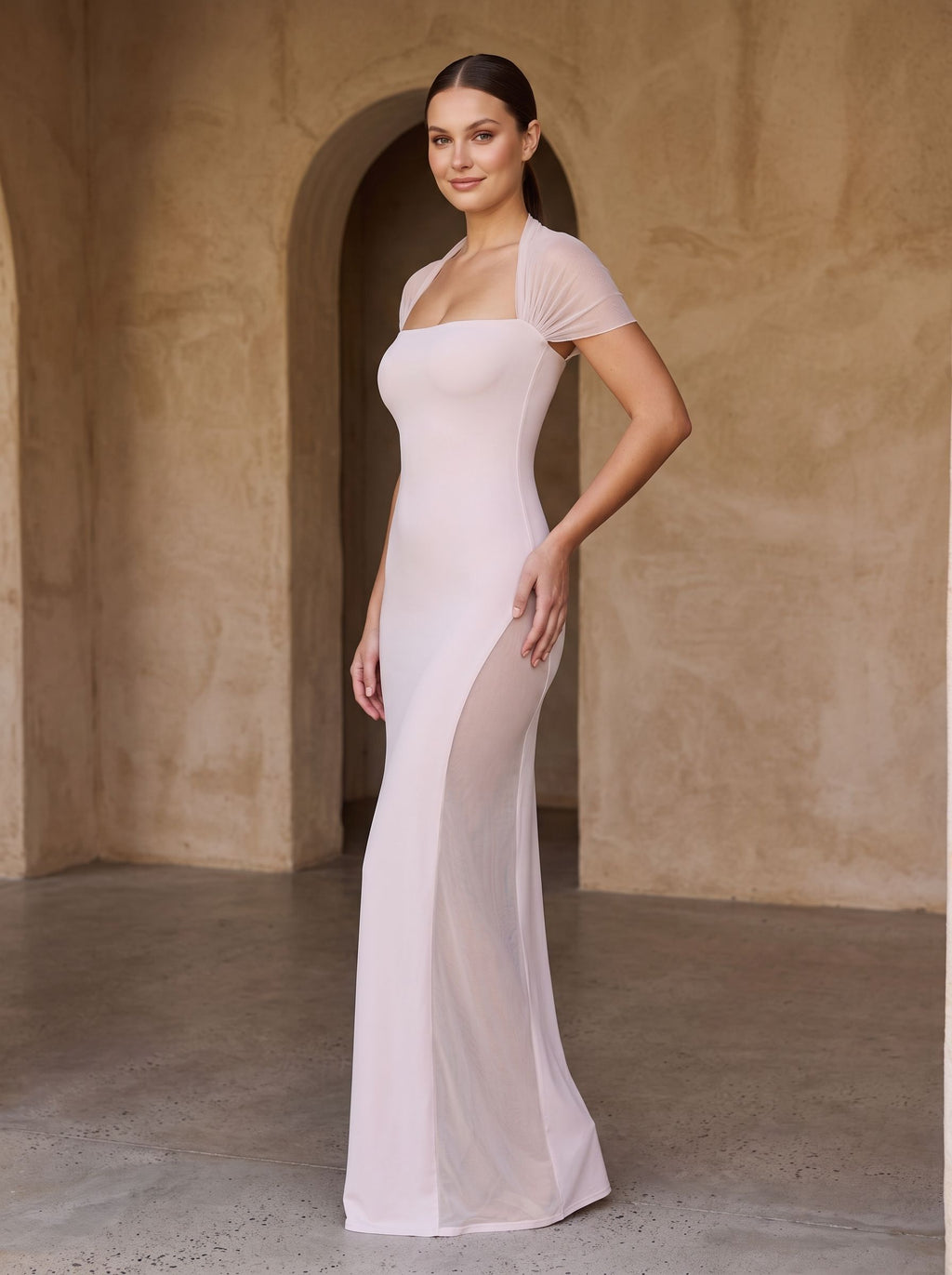 Blushing Pink Stretch Knit Sheath Straight Neck Floor-Length Dress