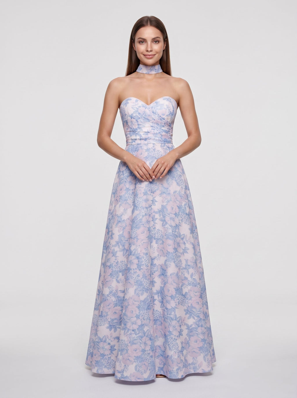 Blue Floral Satin A-Line Sweetheart Back Zip Floor-Length Dress with Removable Belt
