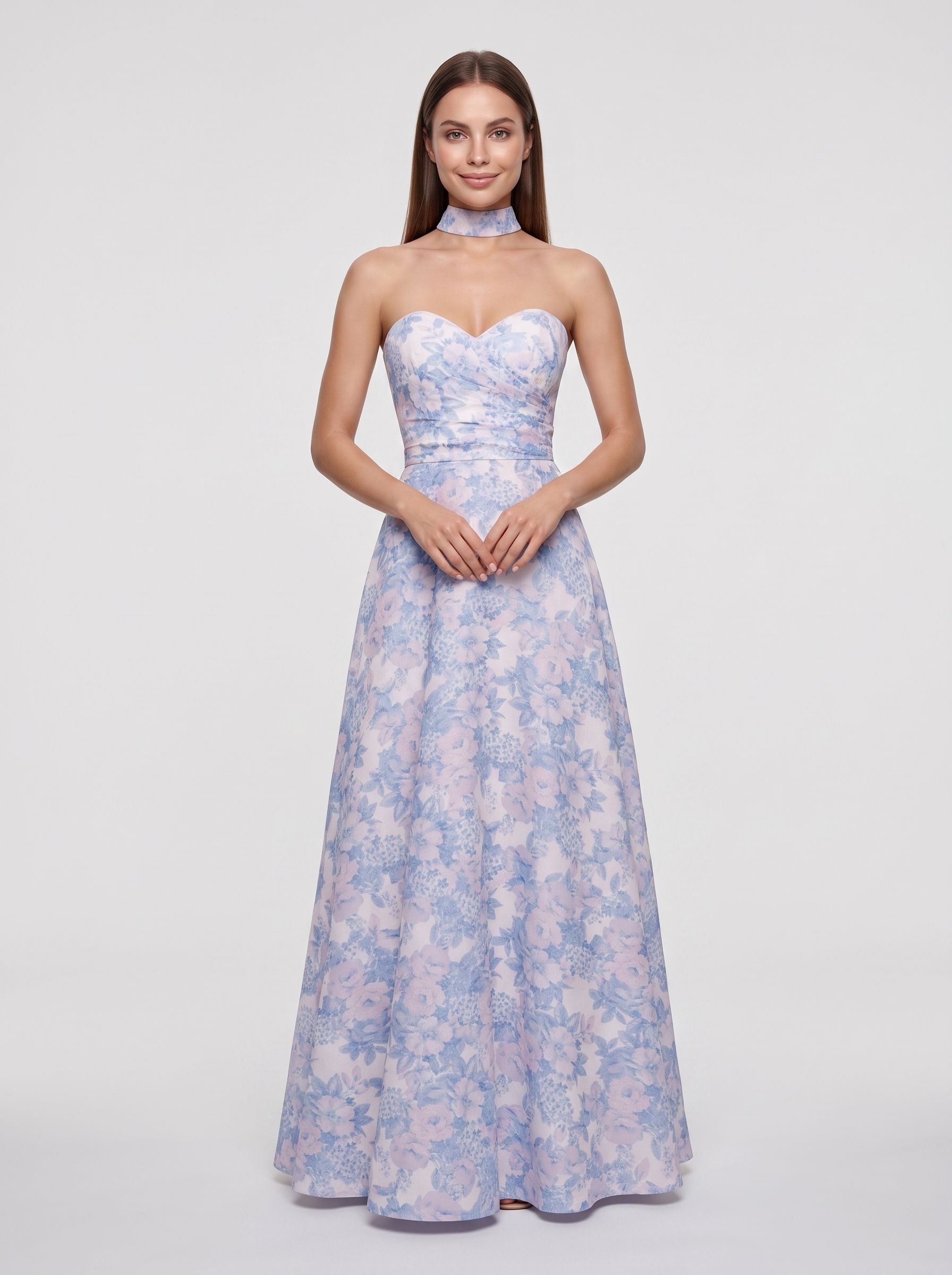 Blue Floral Satin A-Line Sweetheart Back Zip Floor-Length Dress with Removable Belt
