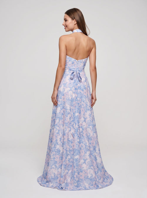 Blue Floral Satin A-Line Sweetheart Back Zip Floor-Length Dress with Removable Belt