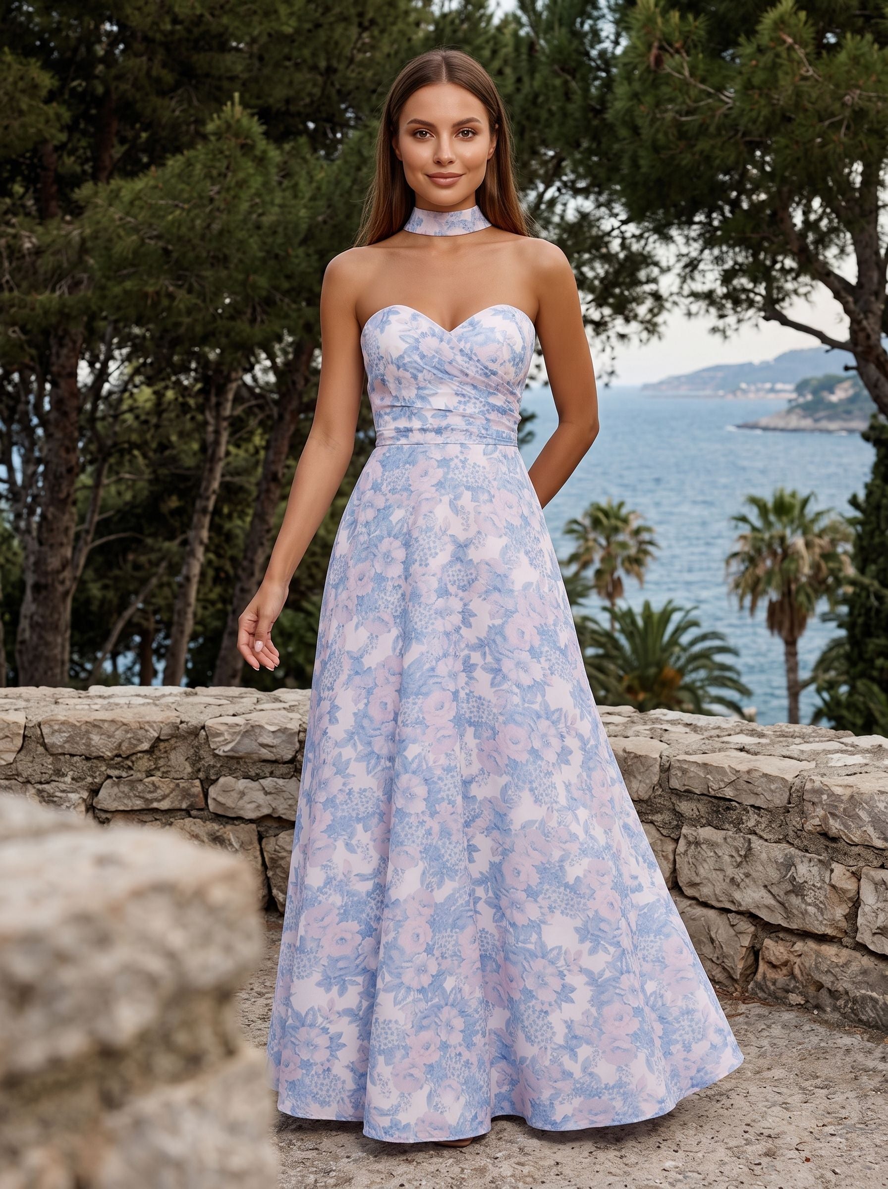 Blue Floral Satin A-Line Sweetheart Back Zip Floor-Length Dress with Removable Belt