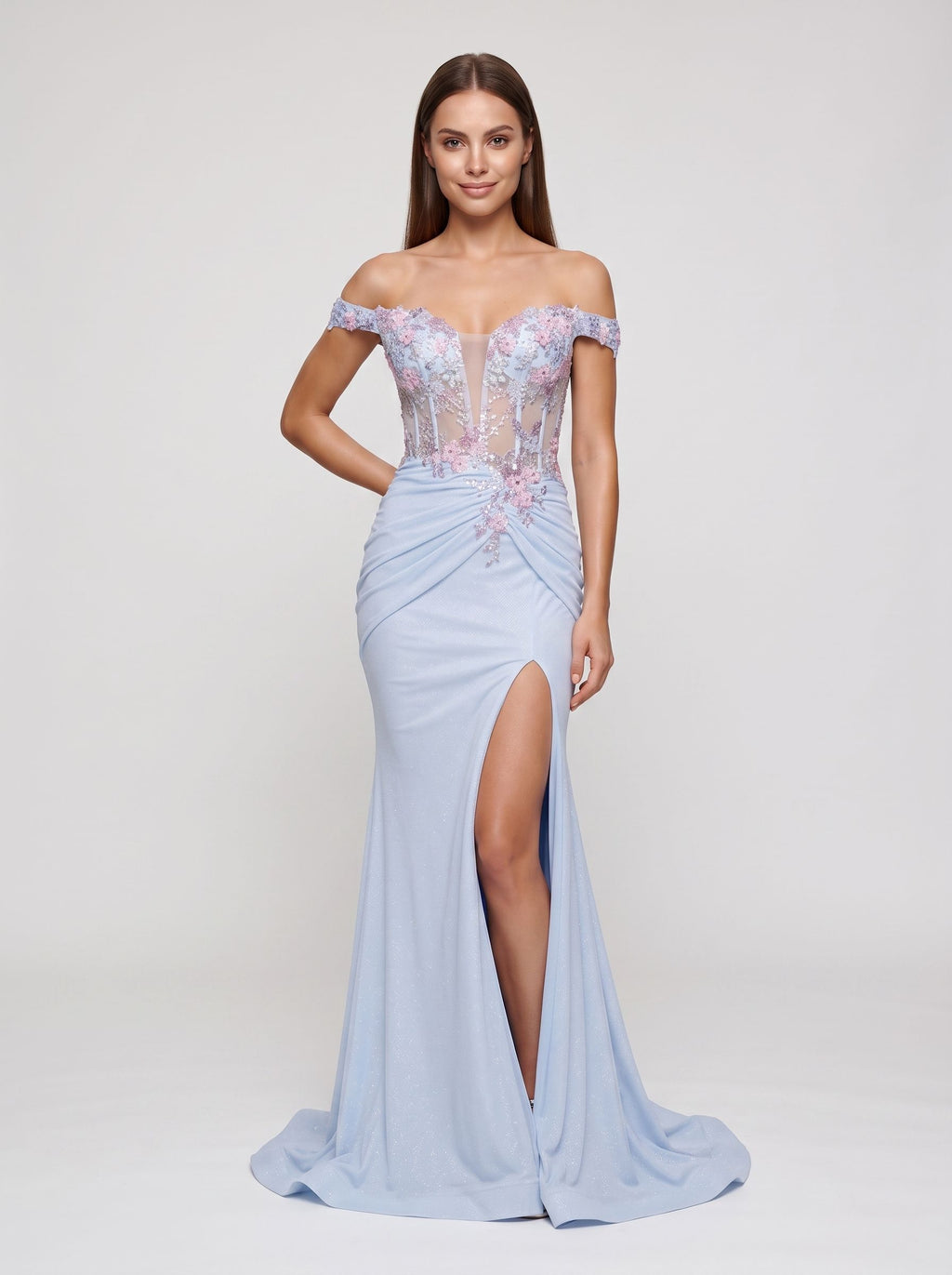 Mist Sequins Sheath Off-the-Shoulder Lace-up Floor-Length Dress with Floral Embroidery & Slit