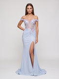 Mist Sequins Sheath Off-the-Shoulder Lace-up Floor-Length Dress with Floral Embroidery & Slit