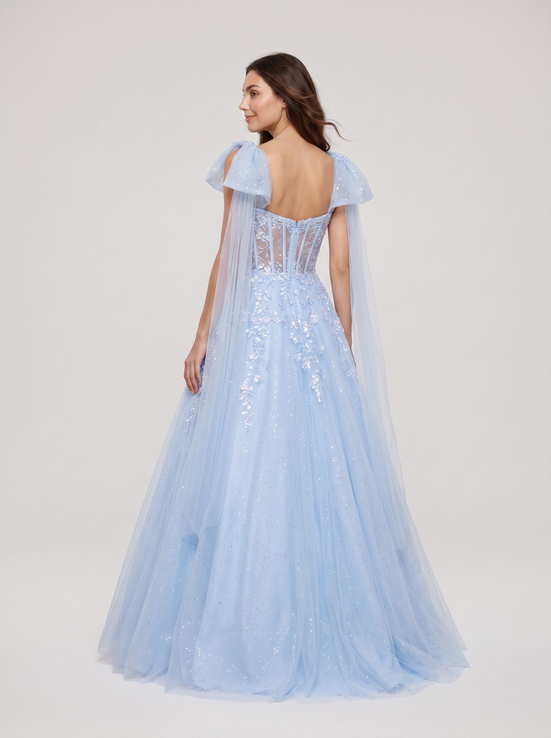 Blue Tulle A-Line Sweetheart Corset Back Floor-Length Dress with Shoulder Bows