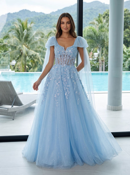 Blue Tulle A-Line Sweetheart Corset Back Floor-Length Dress with Shoulder Bows