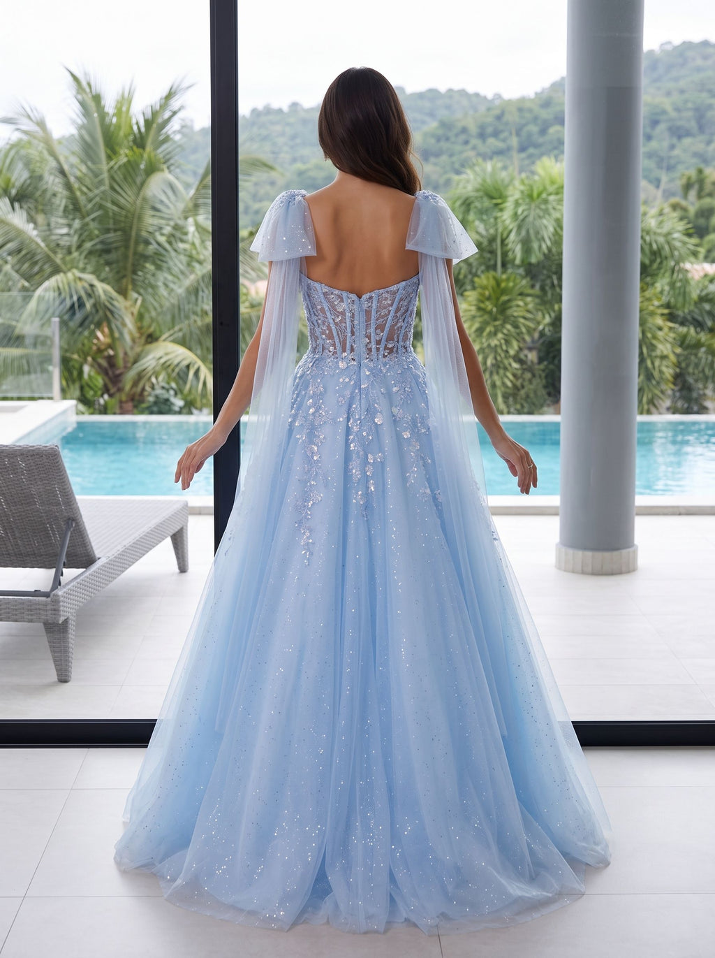 Blue Tulle A-Line Sweetheart Corset Back Floor-Length Dress with Shoulder Bows